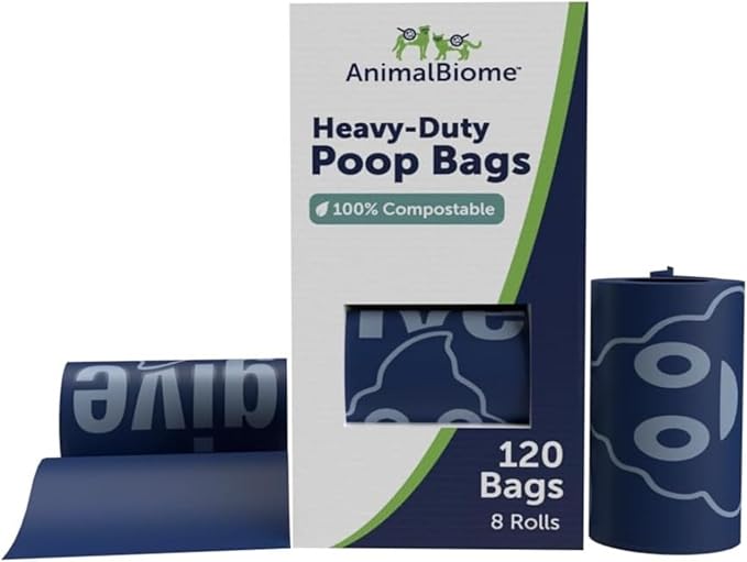Animal Biome Dog Poop Bags Rolls, 120 Count (8 Rolls) – Unscented, Heavy Duty, Leakproof Pet Waste Bags, 9x13 Large, Plant-Based Extra Thick Blue Dog Waste Bags