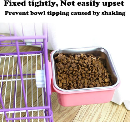 Love Dream Crate Dog Cat Bowls, Hanging Pet Cage Food Water Feeder with Removable Stainless Steel Bowls and Bolt Holder for Puppy Cat Rabbit Birds (Small, Pink)
