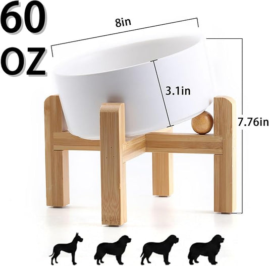 hjn Elevated Ceramic Dog Bowl 15°Slanted Raised Dog Bowl with Bamboo Stand for Small Medium Dogs and Cats, Pet Feeder -7.6-Cup (1800ml)-White
