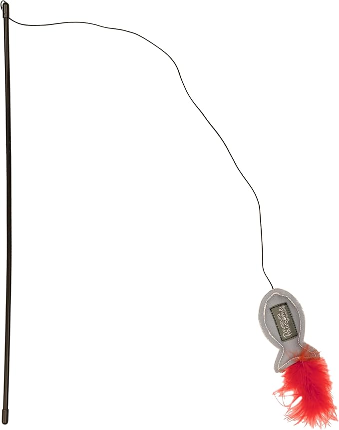 Pavilion - Furever Pawsome - Canvas Fish Stretchy String Feather Wand Teaser Interactive Indoor Chase Exercise Handle Play Stick Kitty Kitten Feline Cat Toy