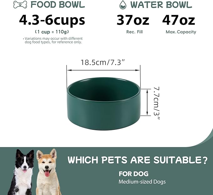 Ceramic Dog Bowl, Food and Water Bowl for Medium Breed Dog, Pet Bowl for Replacement (7.3 inch, Single Bowl, Green)