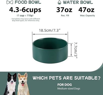 Ceramic Dog Bowl, Food and Water Bowl for Medium Breed Dog, Pet Bowl for Replacement (7.3 inch, Single Bowl, Green)