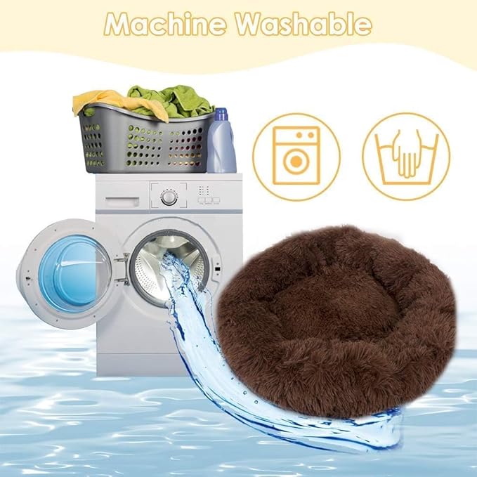 Cat Beds for Indoor Cats - Cat Bed Washable 20/24 inches, Dog Beds for Small Medium Dogs, Anti Anxiety Round Fluffy Plush Faux Fur Pet Bed, Thick Bottom (Coffee, Medium)