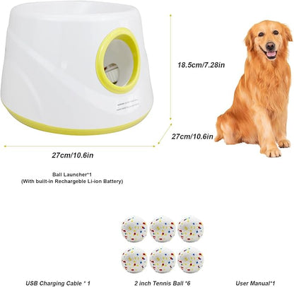 Automatic Dog Ball Launcher with 6 ETPU Balls, White, Adjustable Distance 20-45ft, USB Rechargeable, Interactive Pet Toys (Yellow)