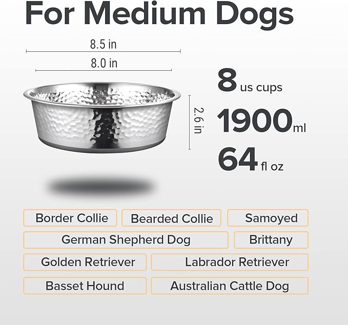 URBUDDIES 2 Pack Hammered Stainless Steel Dog Bowls, Premium Metal Dog Bowls with Non Slip Rubber Bottom, Dishwasher Safe, Easy to Clean, 8 Cup, Gray Bottom