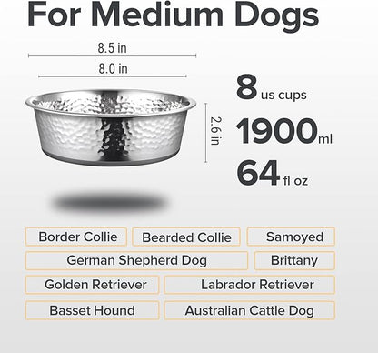 URBUDDIES 2 Pack Hammered Stainless Steel Dog Bowls, Premium Metal Dog Bowls with Non Slip Rubber Bottom, Dishwasher Safe, Easy to Clean, 8 Cup, Gray Bottom