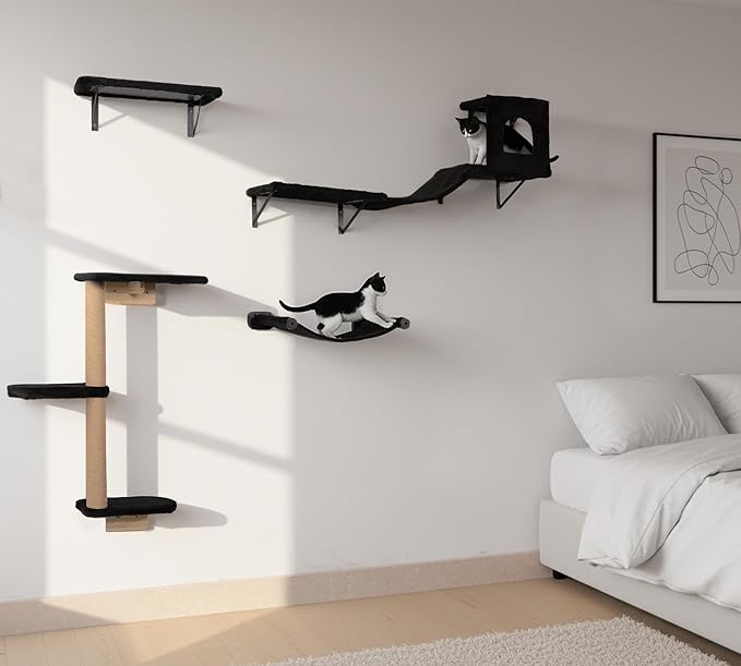 Wall Mounted Cat Furniture Set of 4 – 4 in 1 Cat Wall Shelves with Hammock, Bridge, Climbing Tree & Perch – Shelves for Large Cats, Holds Up to 30 lbs, Indoor Playground