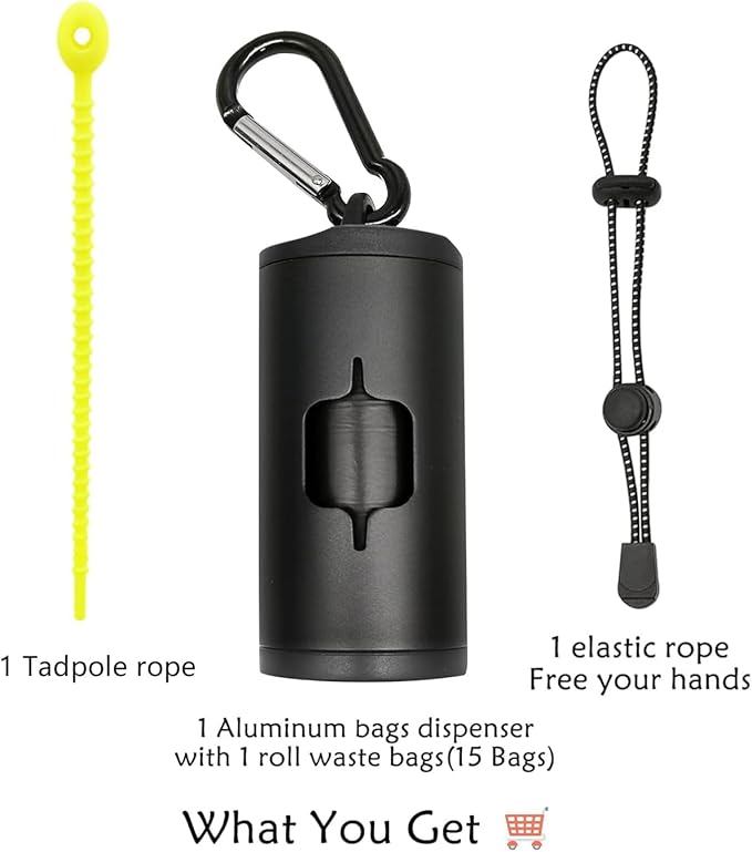 Aluminum Dog Poop Bags Holder with Carabiner Metal Pet Waste Bags Dispenser with Hook and Loop Fastener and Elastic Cord to Carry Used Bags (Black)