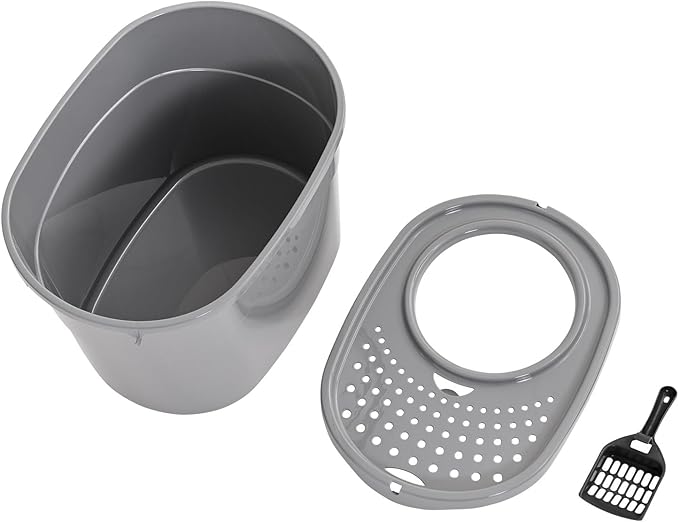 Amazon Basics Large Cat Litter Box with High Sides, Top Entry, Odor Control, Includes Scoop, 20.5 x 14.75 x 14.38 inches, Grey