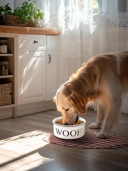Ceramic Dog Bowl with Bone Pattern - 8" Extra Large Food Water Bowl for Medium and Large Dogs, Weighted, Microwave & Dishwasher Safe, 55 oz (Beige)
