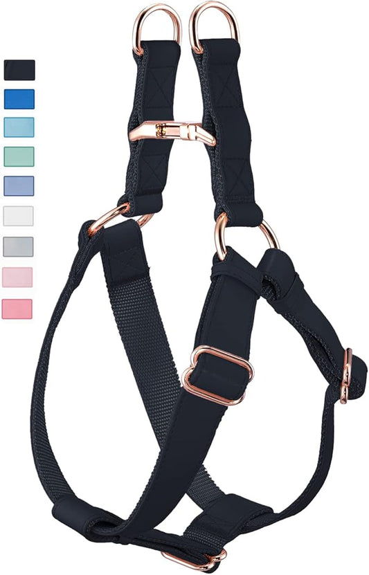 Soft Leather No Pull Dog Harness - Adjustable Step in Dog Harness with Rose Gold Heavy Duty Metal Buckle, Freedom Nylon Dog Halter Vests for Small Medium Large Dogs Easy Walking Training (Black,S)