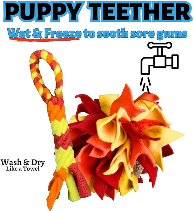 Chelsy's Toys 3-in-1 Enrichment Tube for Puppies - Tug Toy, Treat Dispenser & Snuffle Ball | Tug of War | Interactive Puppy Treat Puzzle for Small Dogs & Pup's| Wet/Freeze Teether(Orange)