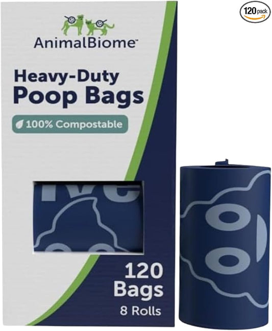 Animal Biome Dog Poop Bags Rolls, 120 Count (8 Rolls) – Unscented, Heavy Duty, Leakproof Pet Waste Bags, 9x13 Large, Plant-Based Extra Thick Blue Dog Waste Bags