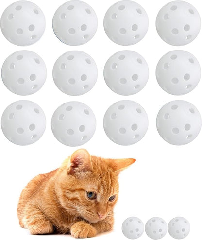 Low Noise No Bells Cat Ball Toy, 12Pcs White Plastic Golf Balls with Holes, Funny Interactive Cat Toys for Bored Indoor Cats,Cute Kitten Kitty Toys(1.65")