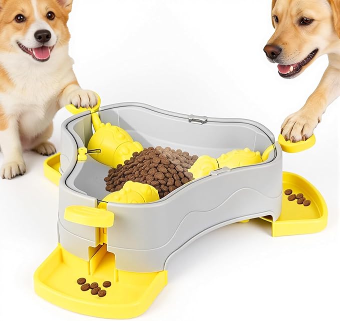 Dog Puzzle Toy, 3-in-1 Interactive Dog Puzzle Toys Press-Type Dog Treat Dispenser Toy Dog Enrichment Toy No-Slip Dog Slow Feeder Interactive Brain Training Toy for Smart Dog Cat, Yellow