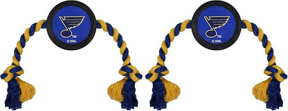 Pets First Dog Rubber Toy Tough Rubber with Heavy-Duty Dog Rope Tug Toy. NHL St. Louis Blues Puck Toy for Dogs & Cats. Play Hockey with Your Pet with This Licensed Dog Puck Rubber Cool Toy!