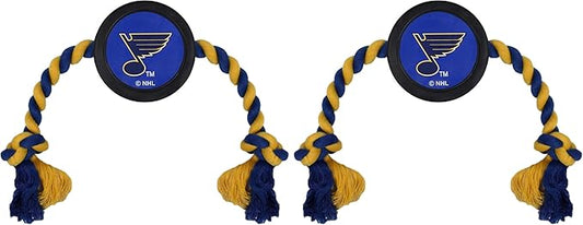 Pets First Dog Rubber Toy Tough Rubber with Heavy-Duty Dog Rope Tug Toy. NHL St. Louis Blues Puck Toy for Dogs & Cats. Play Hockey with Your Pet with This Licensed Dog Puck Rubber Cool Toy!