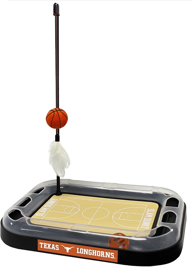 CATS SCRATCHER NCAA Texas Longhorns Basketball Court CAT Scratcher Toy with Catnip Filled Plush Basketball Toy & Feather Cat Toy Hanging, with Jingle Bell Interactive Ball Cat Chasing 5-in-1 Kitty Toy