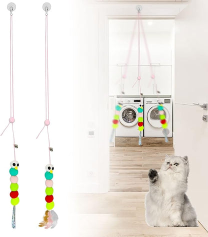 WishLotus Interactive Cat Toys, 2 PCS Retractable Hanging Door Self-Playing Cat Feather Toy, Soft and Cute Caterpillar Cat Toy with String, Sticky Hook and Bell for Cat Playing and Killing Time (A)