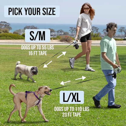 Award-Winning Retractable Dog Leash for Small and Medium Dogs (Max 55 lbs), Clip & Go System with Reflective Tape and Ergonomic Handle, Includes Clips, Poop Bag Holder and Dispenser, White