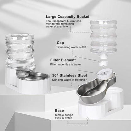 RIZZARI Dog Water Bowl Dispenser: 5L Large Stainless Steel Gravity Feeder - Remove Odor/Soften Water - Prevent Urinary Stones to Extend Lifespan - Leak-Proof - for Small to Medium-Sized Dogs and Cats