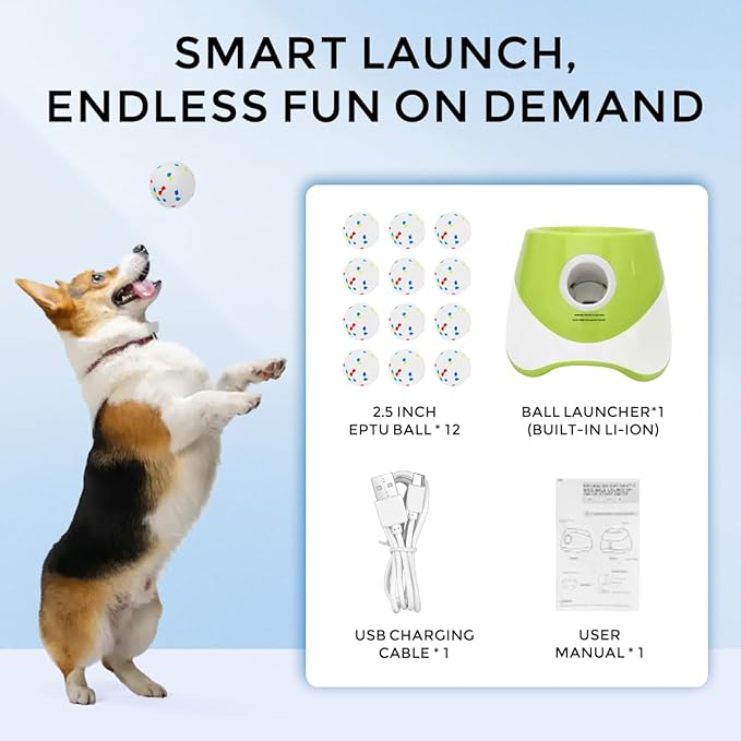 Interactive Automatic Ball Launcher for Dogs, 20-46Ft 3 Distance, Ball Thrower for Medium&Large Dogs, with 12pcs 58mm ETPU Tennis Balls, Rechargeable Dog Toy, for Outdoor Lawn