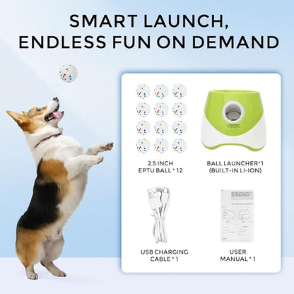 Interactive Automatic Ball Launcher for Dogs, 20-46Ft 3 Distance, Ball Thrower for Medium&Large Dogs, with 12pcs 58mm ETPU Tennis Balls, Rechargeable Dog Toy, for Outdoor Lawn