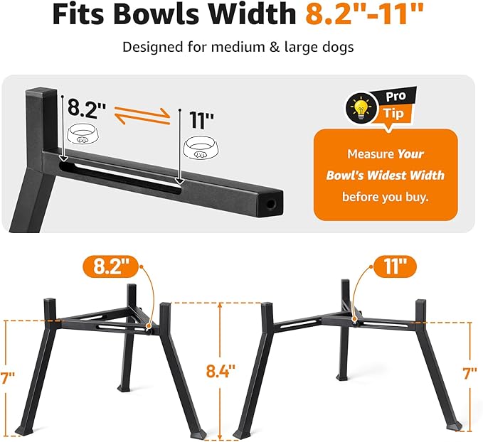 LOOBANI Elevated Dog Bowl Stand: Fits for Bowls Width 8.2"-11" (Without Bowls) Adjustable Width Anti-Slip Raised Dog Bowl Stand Food Feeder for Large Adult, Seniors, Older, Arthritis Dogs Black Large