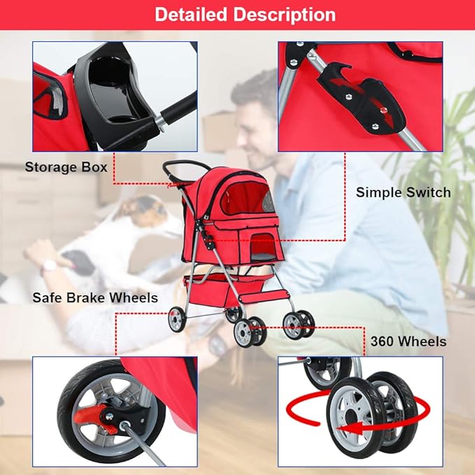 Pet Stroller Pet Carrier Dog Stroller Cat Stroller Folding Lightweight 4 Wheels Jogger Stroller with Storage Basket and Cup Holder