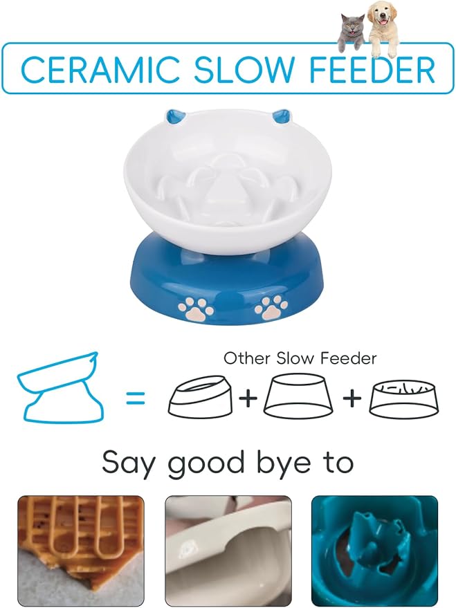 Y YHY Ceramic Slow Feeder Cat Bowl, Elevated Cat Bowl Tilted Design Slow Feeder for Dog and Cat for Dry and Wet Food, Blue