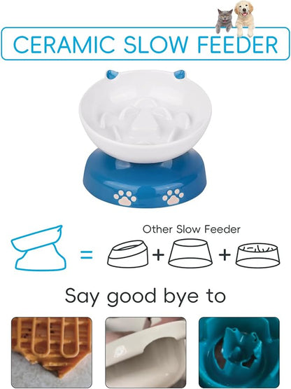 Y YHY Ceramic Slow Feeder Cat Bowl, Elevated Cat Bowl Tilted Design Slow Feeder for Dog and Cat for Dry and Wet Food, Blue
