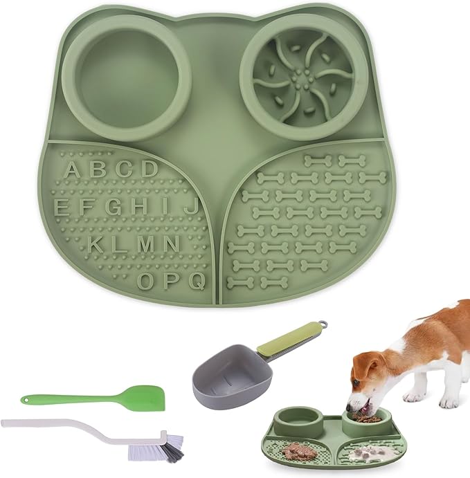 Silicone Slow Feeder Dog Bowls & Cat Bowls, 2 Cups Small Pet Food Bowl with Non-Slip Suction Base, Food-Grade Safe Puzzle Feeder for Small & Medium Dogs & Indoor Cats (Bowl & Lick Mat (Green))