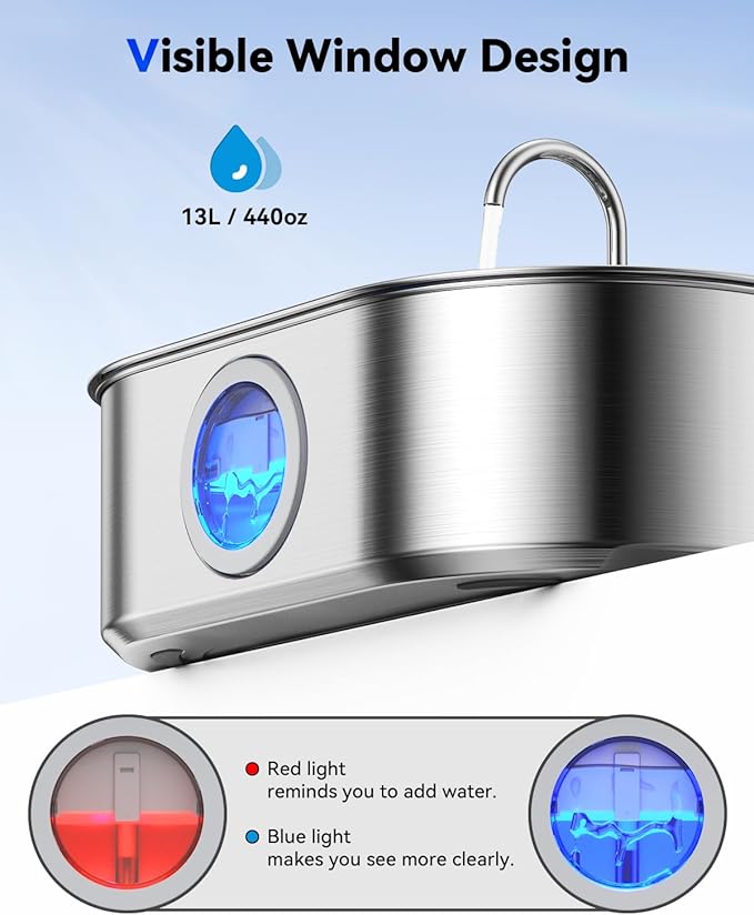 3.4Gal Dog Water Fountain for Large Dogs, 13L Stainless Steel Large Pet Fountain with Deeper & Wider Drinking Area, Automatic Dog Water Bowl Dispenser with Water Window