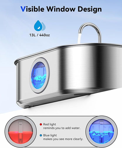 3.4Gal Dog Water Fountain for Large Dogs, 13L Stainless Steel Large Pet Fountain with Deeper & Wider Drinking Area, Automatic Dog Water Bowl Dispenser with Water Window