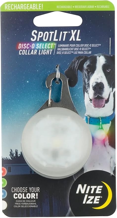 Nite Ize SpotLit XL Rechargeable Collar Light - Disc-O Select - Clip-On Pet Accessory for Nighttime Visibility - Color-Changing LED - Stainless Steel Carabiner Clip - Weather-Resistant