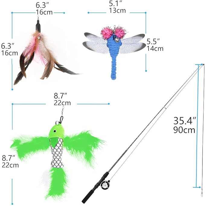 Pawaboo Interactive Cat Toy, Retractable Cat Fishing Rod with 3 Replacement Fishing Lures Made of Feathers and Bells, Adjustable Line Length, Feather Teaser for Cats, Kittens, Fun, Blue