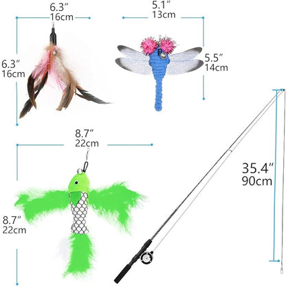 Pawaboo Interactive Cat Toy, Retractable Cat Fishing Rod with 3 Replacement Fishing Lures Made of Feathers and Bells, Adjustable Line Length, Feather Teaser for Cats, Kittens, Fun, Blue