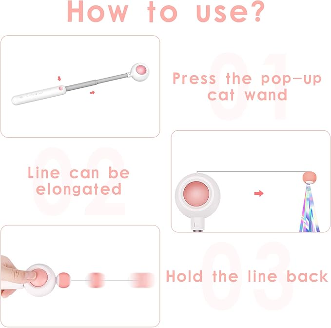 Andiker Cat Teaser Stick, Retractable Cat Wand with Replacement Head, Cat Feather Toy, Cat Interactive Toy for Indoor Cats for Relief Boredom and Exercise (Pink)