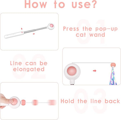 Andiker Cat Teaser Stick, Retractable Cat Wand with Replacement Head, Cat Feather Toy, Cat Interactive Toy for Indoor Cats for Relief Boredom and Exercise (Pink)