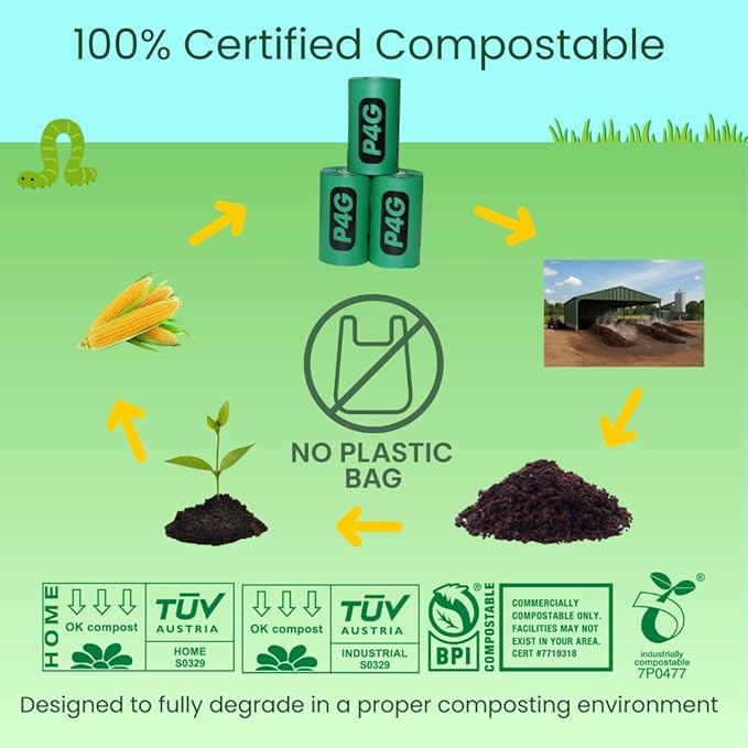 100% Certified Home Compostable Poop Bags (135 Count 9 Rolls), Plant Based, Extra Thick (20 Micron), Leak Proof, Unscented Standard Size 9 X 13'', ASTM D6400 & EN 13432 Compliant