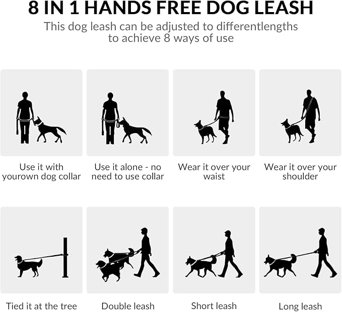8.2ft Hands Free Dog Leash,Versatile Waist & Crossbody Lead for Medium Dogs,Waterproof & Adjustable for Running Jogging Walking, 360° Swivel Metal Buckle (Black)
