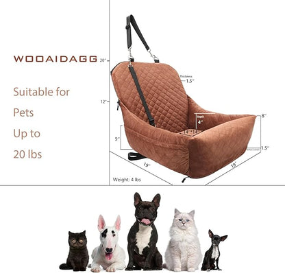 Wooaidagg Dog Car Seat for Small Dogs,Covered Soft Fabric and Fill in Memory Foam,Easy to Assemble and Fully Detachable,2 Clip-On Safety Leashes and Storage Pockets(Brown)