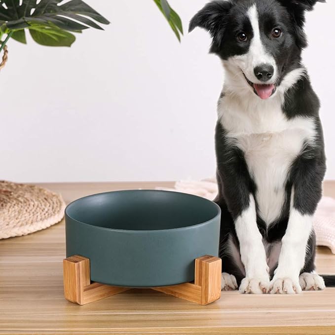 Green Ceramic Dog Bowls With Wood Stand, Water and Food Dish, Heavy Weighted No Tip Over Comfort Bowls, Stoneware Pet Bowl, Extra High Capacity 8.4" Diameter for Large Dogs