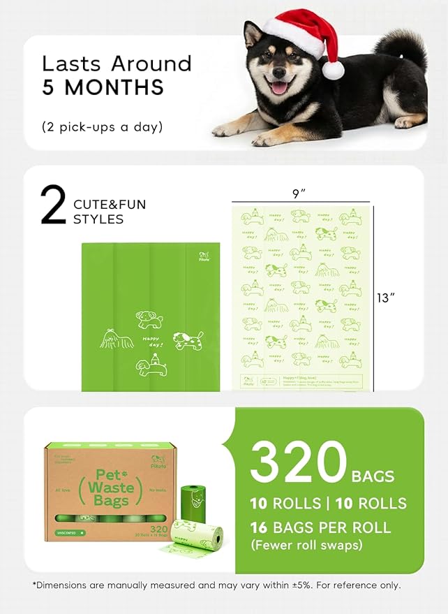 Dog Poop Bags Rolls, 320 Count (20 Refills) - 60% Recycled Plastic Unscented - Leak Proof, Extra Thick Waste Bag with Easy-Peel Sticker (Green)