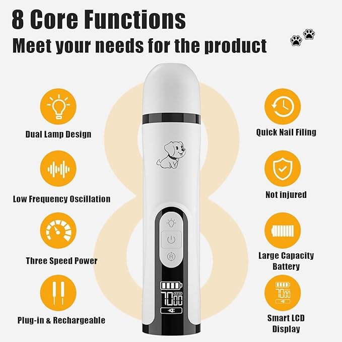 2026 New Ultra Quiet Pets Nail Grinder with 2 Lights,Adjustable 3 Speeds Dog Nail Trimmers,2000mAh Rechargeable,Painless Paws Grooming Pro for Small Medium Large Dogs & Cats (2 Replacement Heads)
