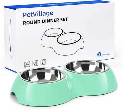 Stainless Steel Dog Bowls Set – Dual Non-Slip Pet Dishes with 2 Small (4oz*2) Bowls & Durable Resin Stand,Food & Water Feeder for Puppies, Kittens, and Small Breed Dogs - Green