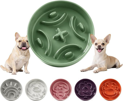 Ceramic Slow Feeder Dog Bowl - Feeding Dish for Fast Eaters - Maze Dog Bowl to Slow Down Eating - Ideal Food Control Dish for Small Breeds - 0.8 Cups (80g) - 6.3 Inch - Green