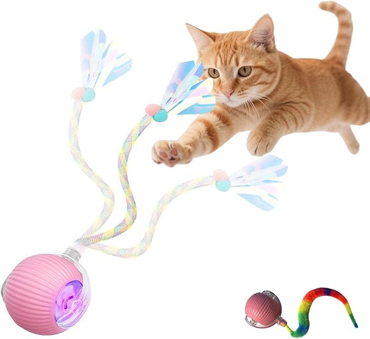 Interactive Dog Cat Toy Ball, Upgraded Rechargable Rolling Pet Ball with 2 Tails, Smart Automatic Moving Toy for Bored Indoor Kitty Puppy -Pink