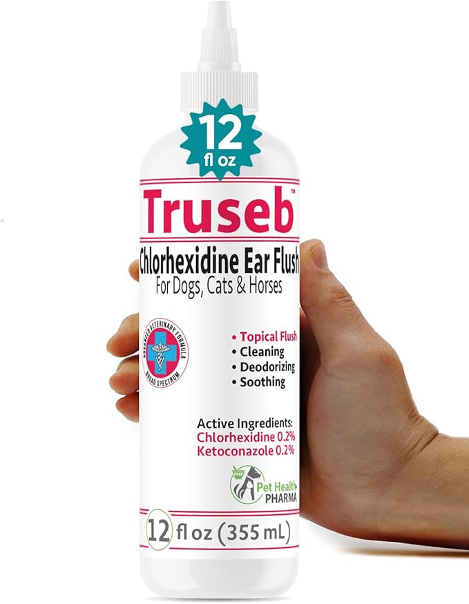 Truseb Maximum Strength Dog Ear Infection Treatment Flush, Cat & Dog Ear Cleaner Solution Medicated with Chlorhexidine & Ketoconazole Helps with Ear Itching Redness Swelling (12 oz)