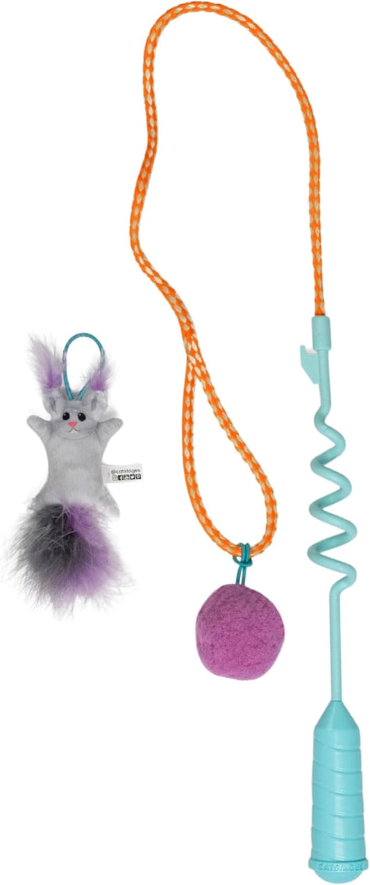 Catstages Cat-apult Spring Wand Durable and Interactive Teaser with Flinger Clip & Two Cat Toys, Catnip Toy & Pompom Ball, Blue